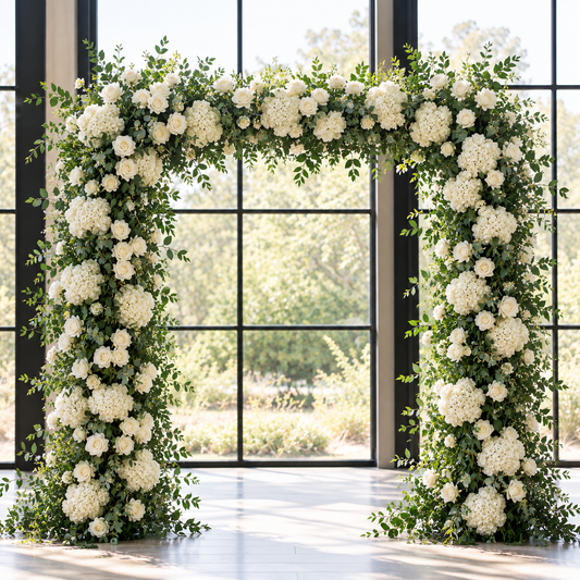 8’ x 8’ Hydrangea Square Arch with whimsical greenery, white hydrangeas and roses